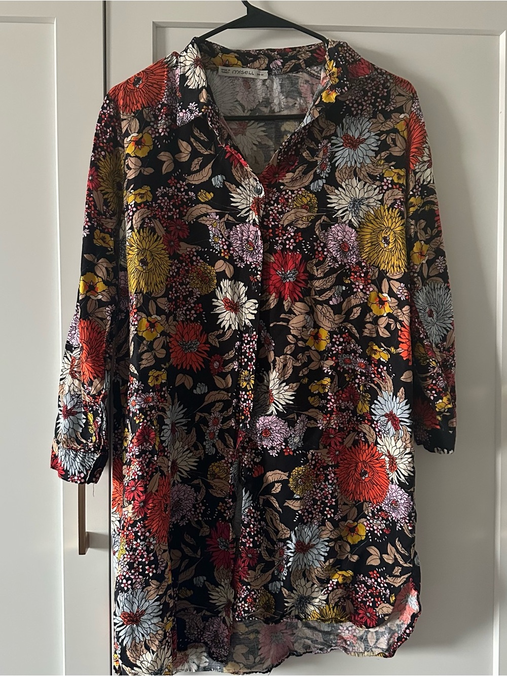 Floral Button-Front Tunic Top - Black with Multicolor Blooms